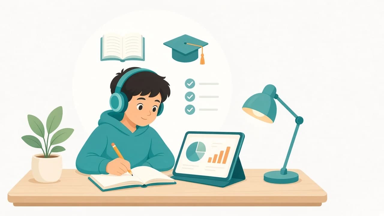 A child wearing headphones studies at a desk with a notebook, a tablet showing progress charts and a desk lamp.